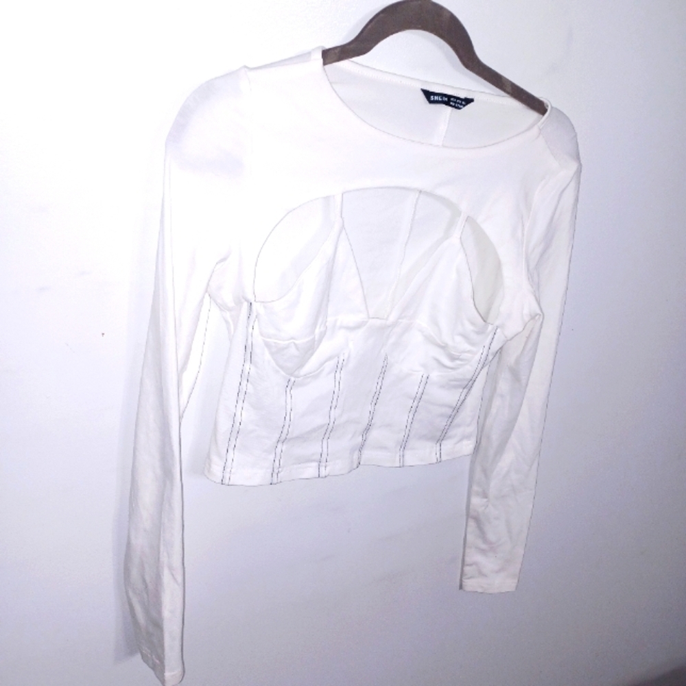 Shein - White- Cut-Out- Long Sleeve Top- W Sz Small - Picture 1 of 7